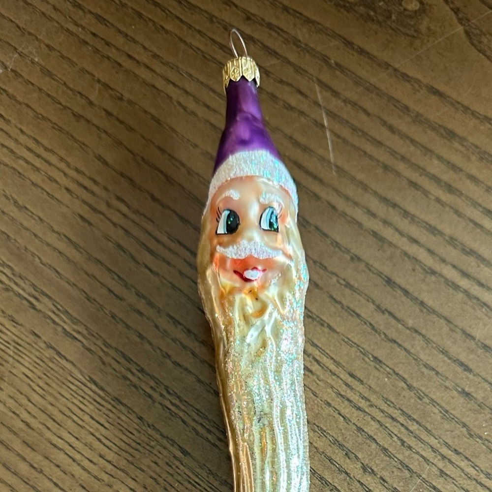 Vintage Glass Santa Icicle Christmas Ornament Purple Hat Glitter Beard 9''